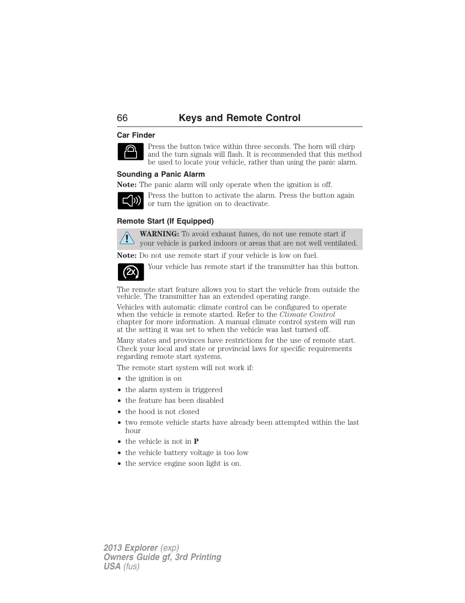 Car finder, Sounding a panic alarm, Remote start (if equipped) | 66 keys and remote control | FORD 2013 Explorer v.3 User Manual | Page 67 / 579