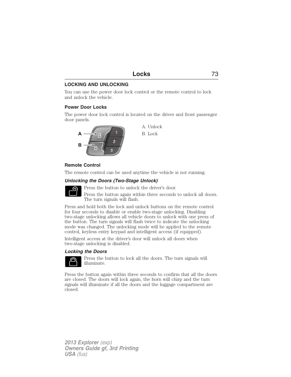 Locks, Locking and unlocking, Power door locks | Remote control, Unlocking the doors (two-stage unlock), Locking the doors, Locks 73 | FORD 2013 Explorer v.3 User Manual | Page 74 / 579