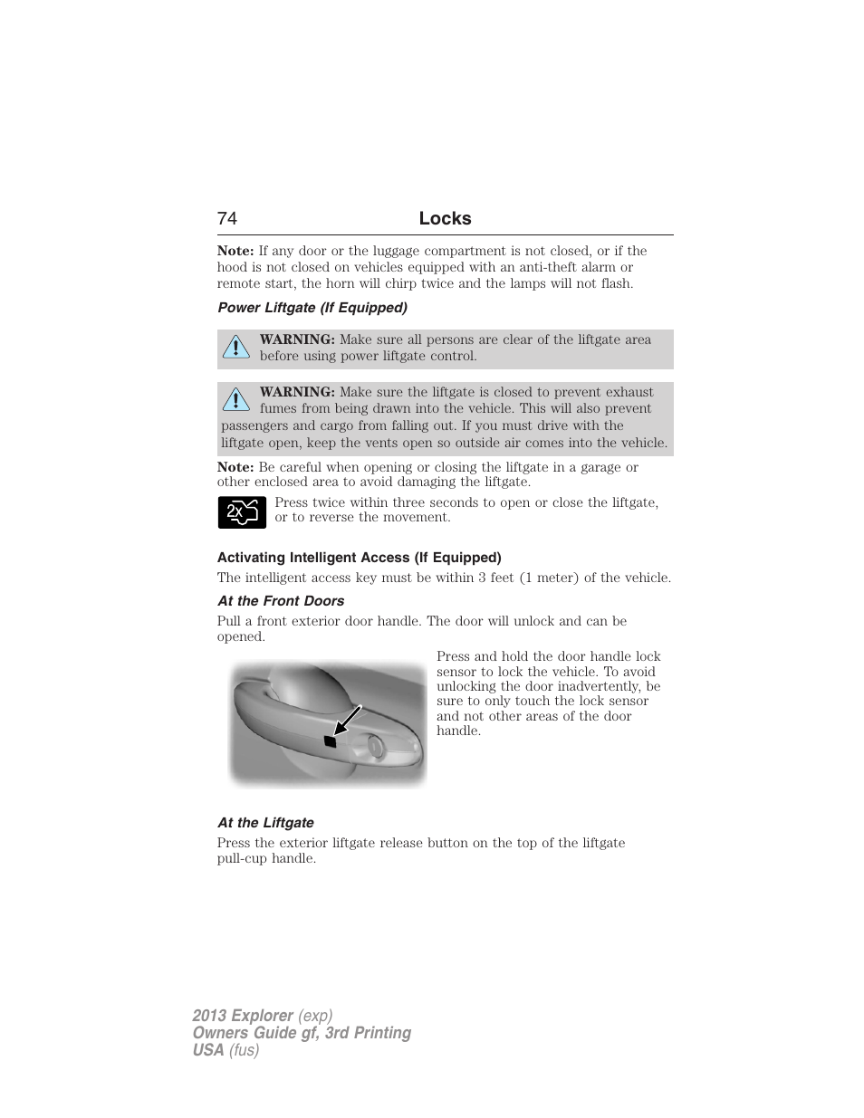 Power liftgate (if equipped), Activating intelligent access (if equipped), At the front doors | At the liftgate, 74 locks | FORD 2013 Explorer v.3 User Manual | Page 75 / 579