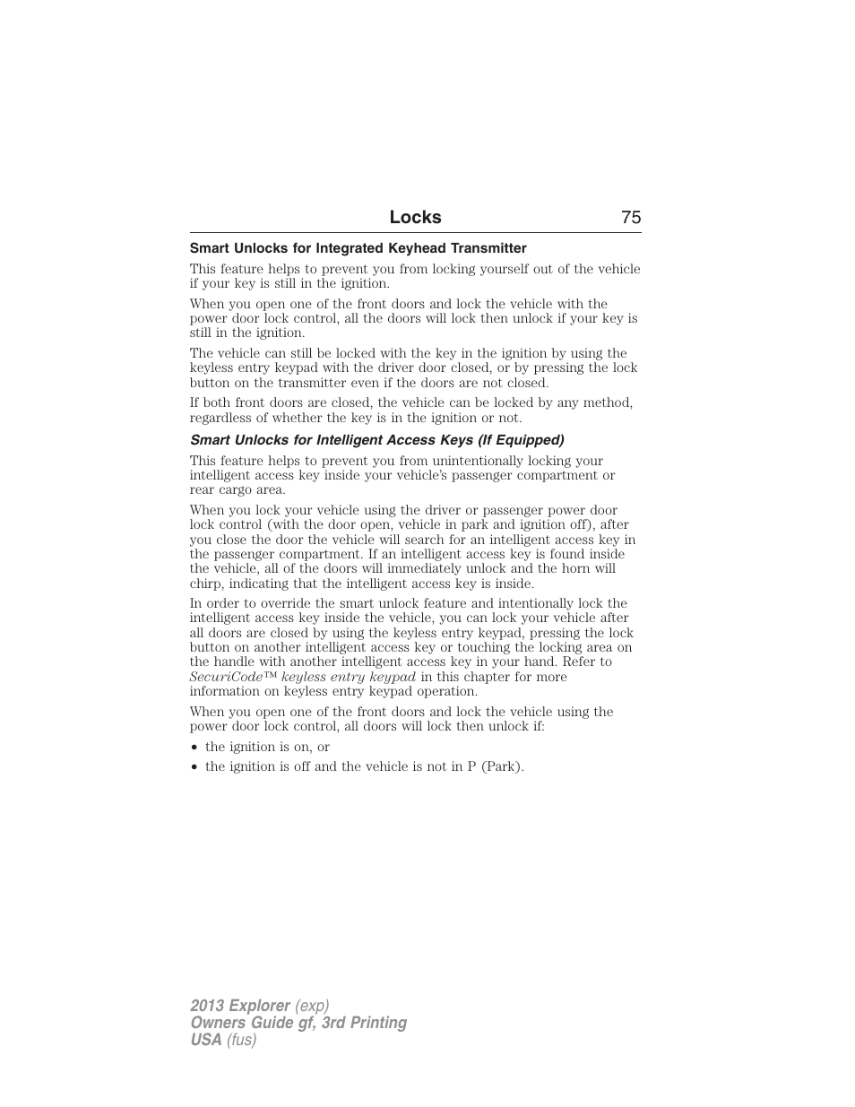 Smart unlocks for integrated keyhead transmitter, Locks 75 | FORD 2013 Explorer v.3 User Manual | Page 76 / 579