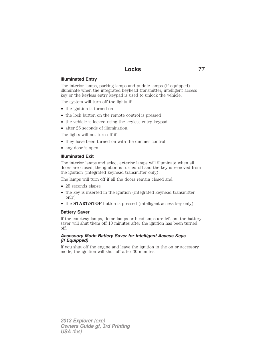 Illuminated entry, Illuminated exit, Battery saver | Locks 77 | FORD 2013 Explorer v.3 User Manual | Page 78 / 579