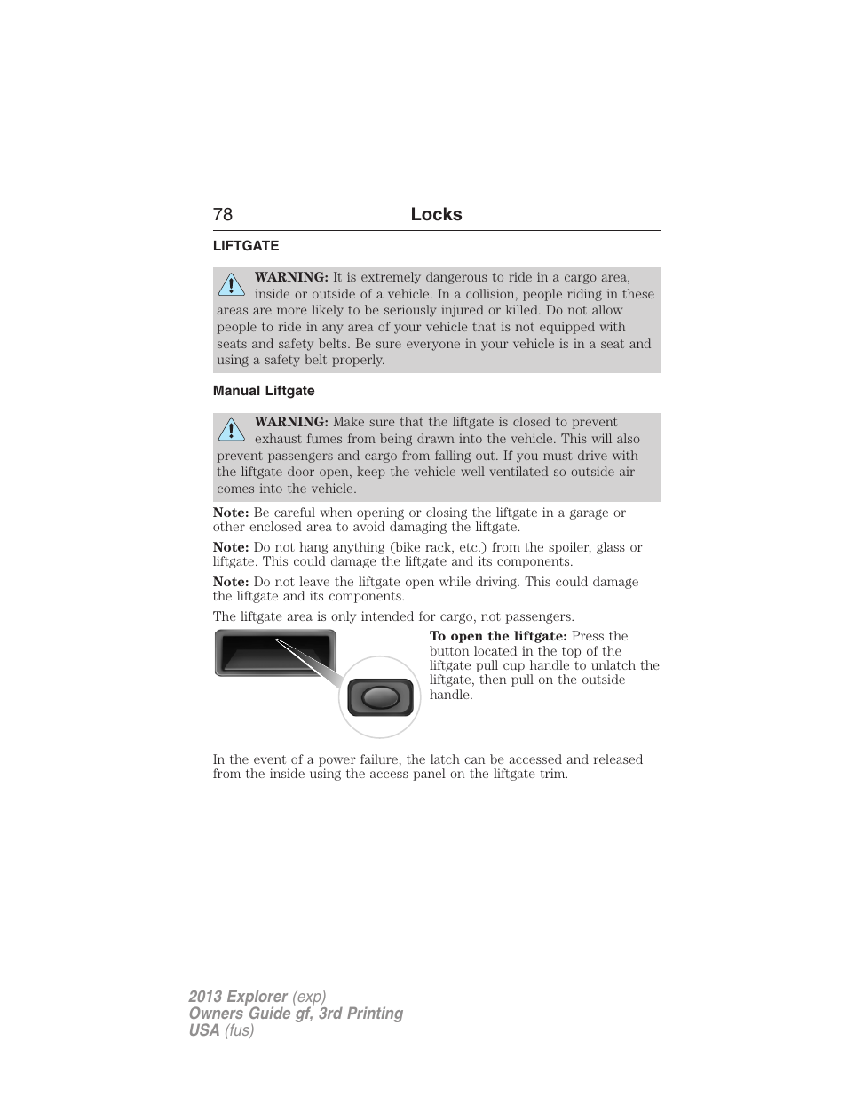 Liftgate, Manual liftgate, 78 locks | FORD 2013 Explorer v.3 User Manual | Page 79 / 579