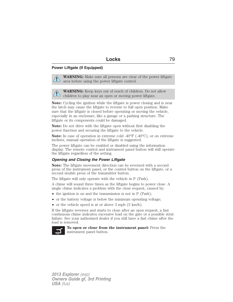 Power liftgate (if equipped), Opening and closing the power liftgate, Locks 79 | FORD 2013 Explorer v.3 User Manual | Page 80 / 579