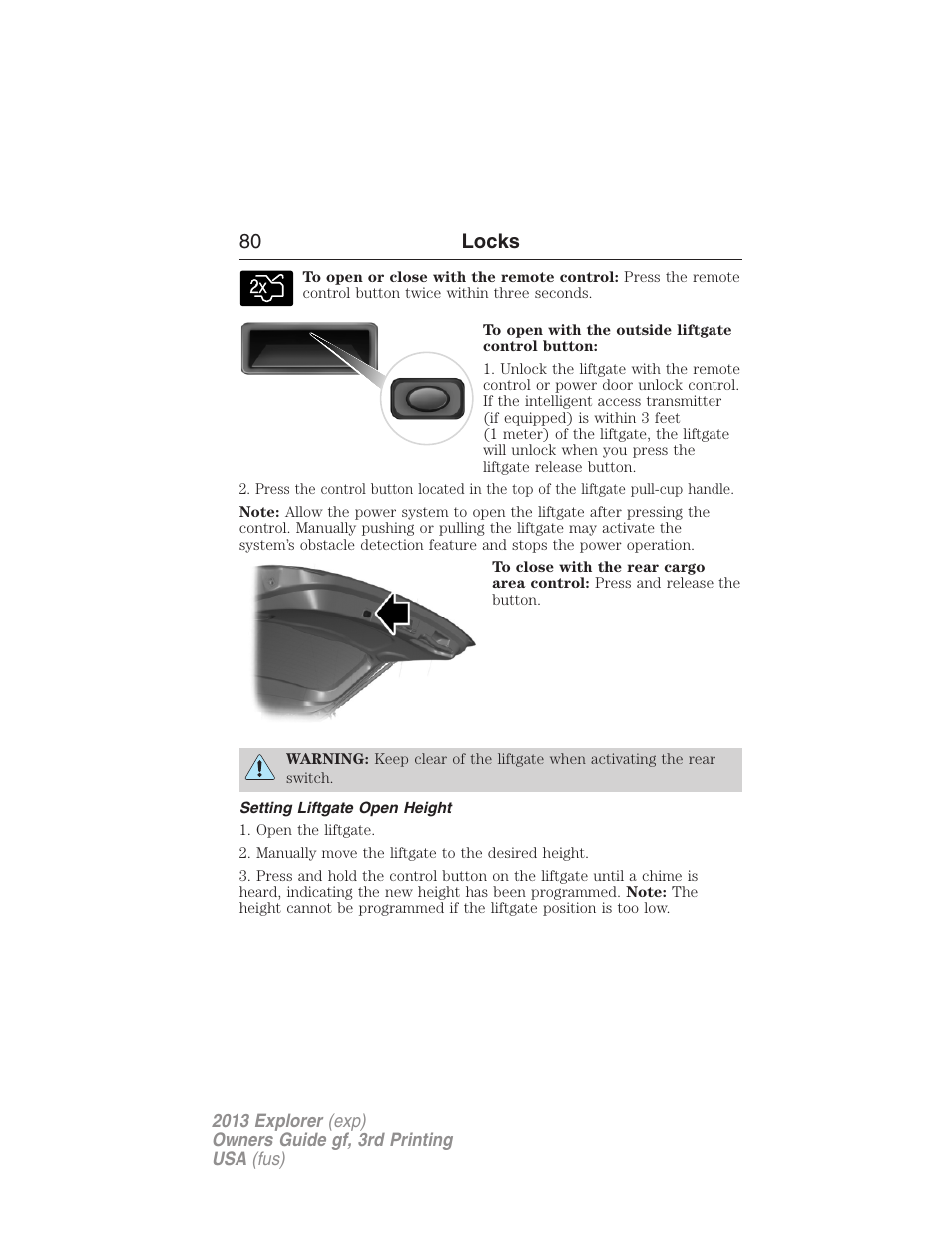 Setting liftgate open height, 80 locks | FORD 2013 Explorer v.3 User Manual | Page 81 / 579