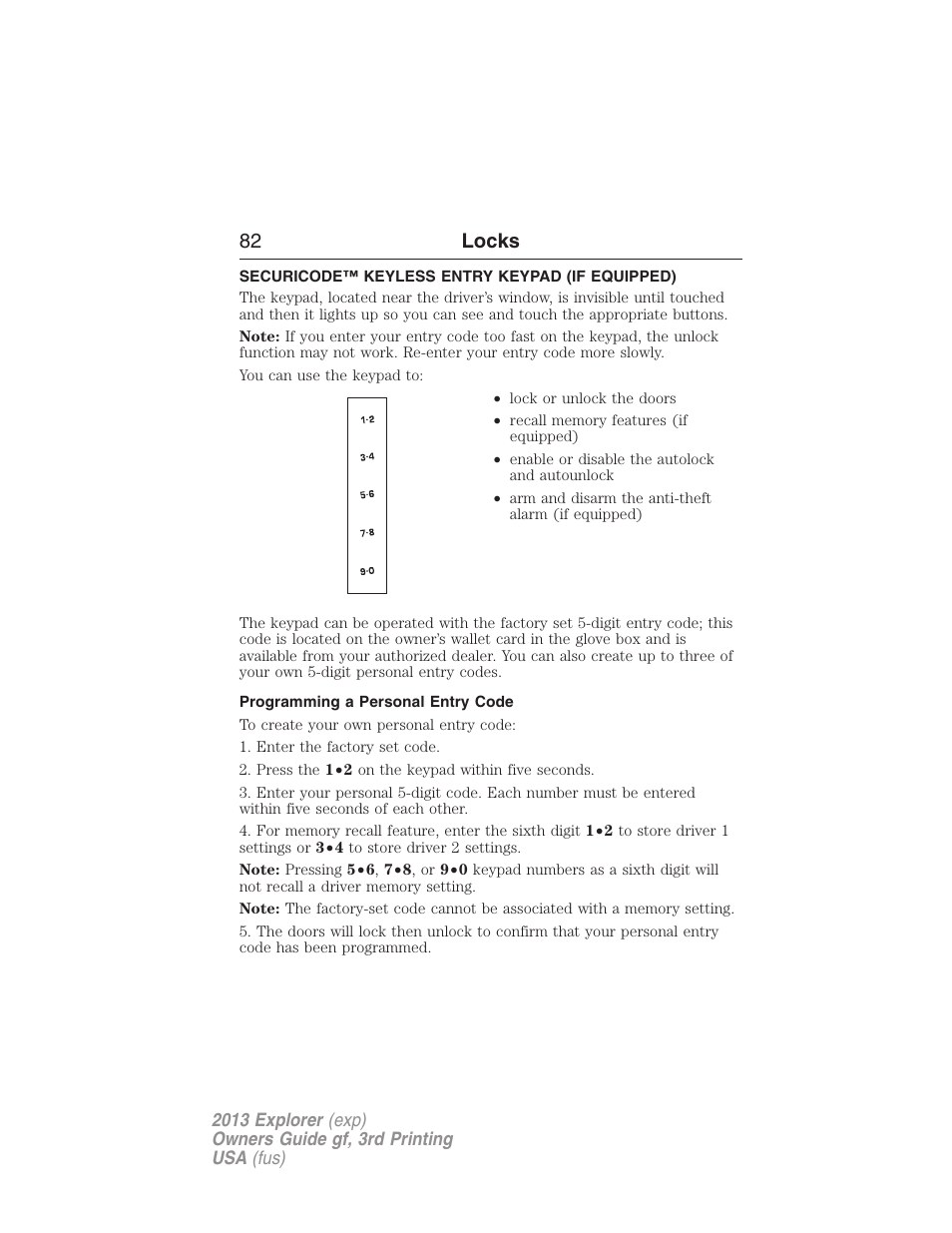 Securicode™ keyless entry keypad (if equipped), Programming a personal entry code, Securicode™ keyless entry keypad | 82 locks | FORD 2013 Explorer v.3 User Manual | Page 83 / 579