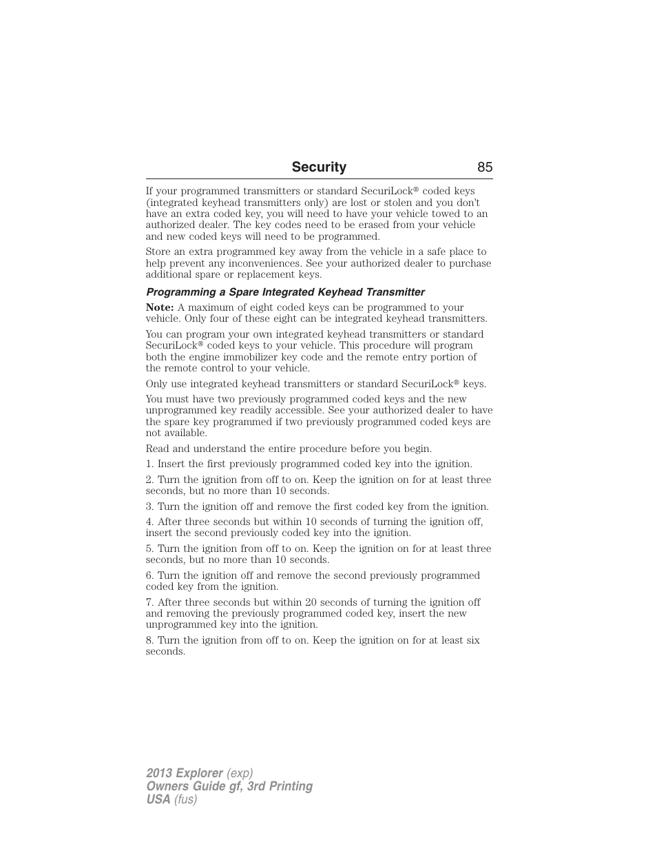 Programming a spare integrated keyhead transmitter, Security 85 | FORD 2013 Explorer v.3 User Manual | Page 86 / 579