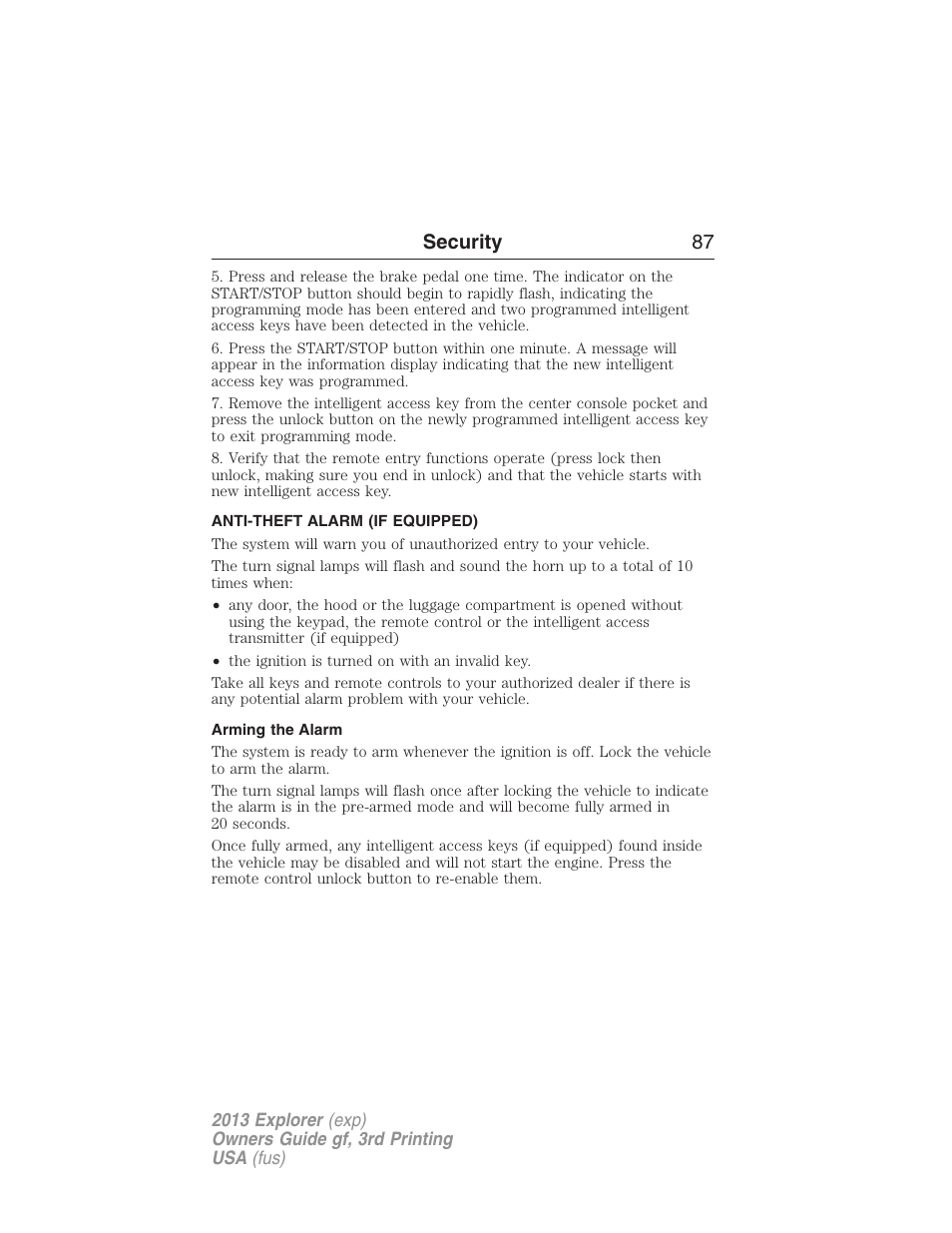 Anti-theft alarm (if equipped), Arming the alarm, Anti-theft alarm | Security 87 | FORD 2013 Explorer v.3 User Manual | Page 88 / 579