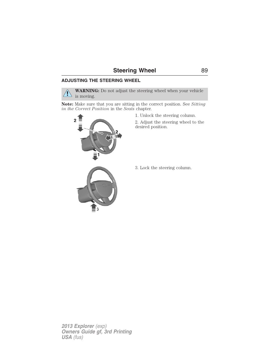 Steering wheel, Adjusting the steering wheel, Steering wheel 89 | FORD 2013 Explorer v.3 User Manual | Page 90 / 579