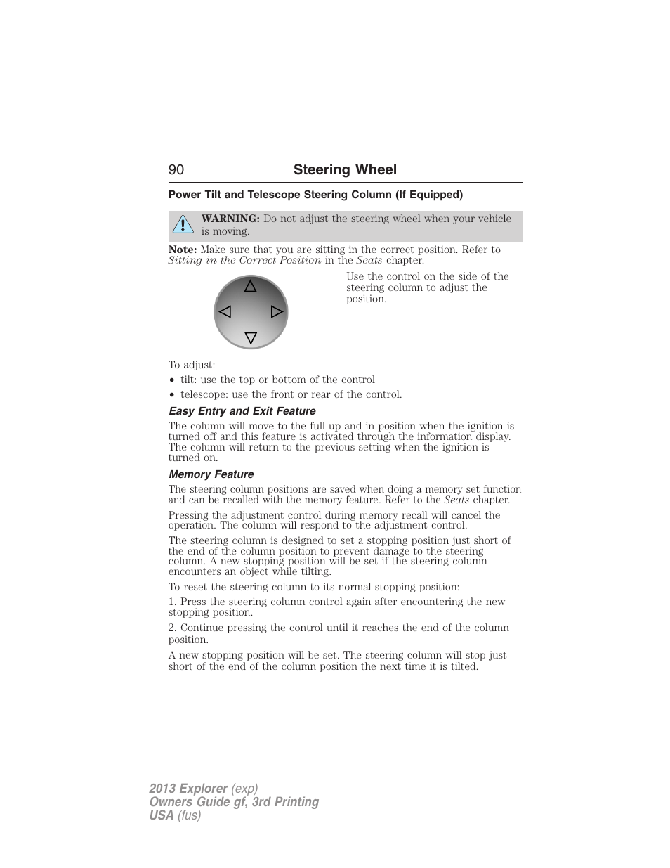 Easy entry and exit feature, Memory feature, 90 steering wheel | FORD 2013 Explorer v.3 User Manual | Page 91 / 579