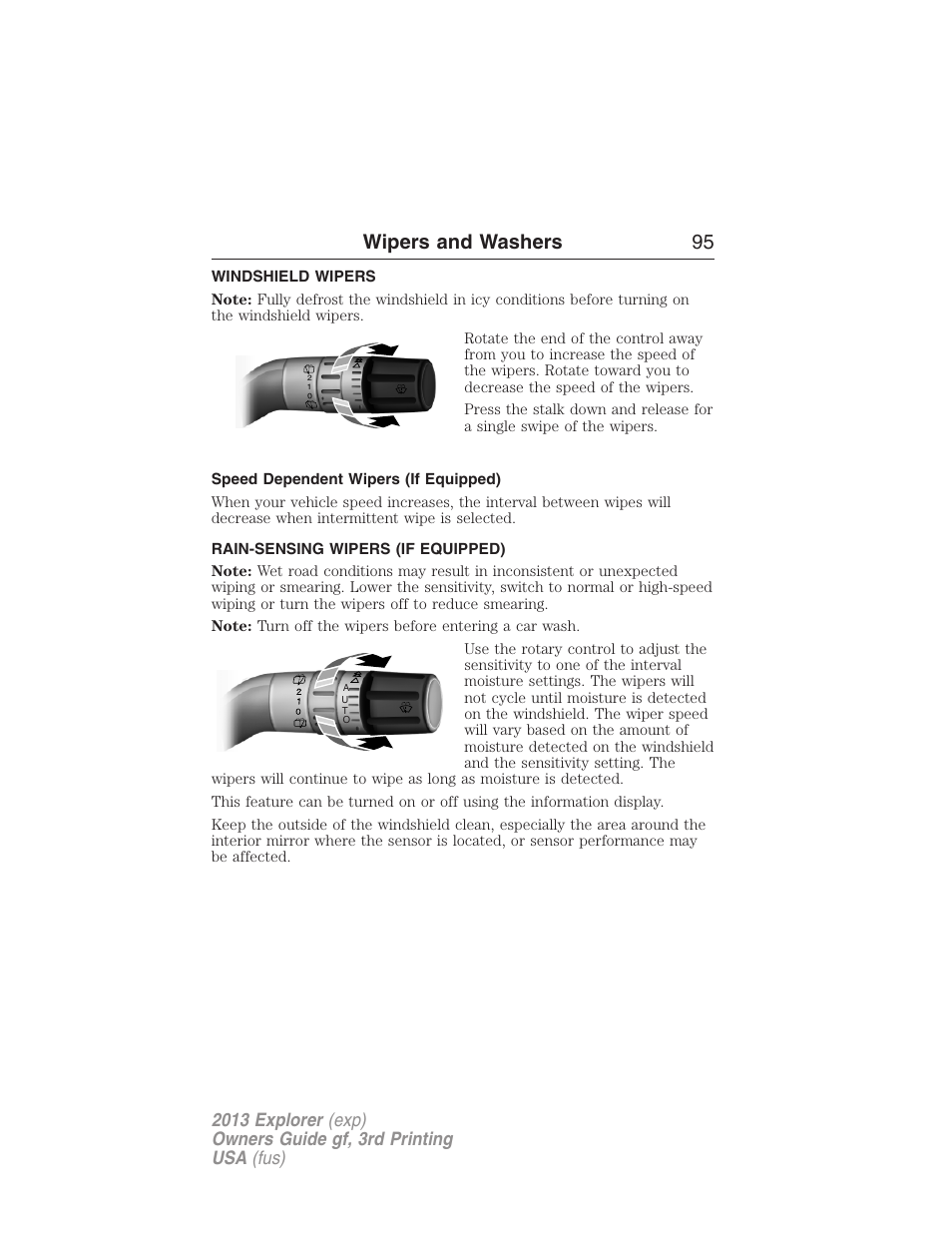 Wipers and washers, Windshield wipers, Speed dependent wipers (if equipped) | Rain-sensing wipers (if equipped), Rain-sensing wipers, Wipers and washers 95 | FORD 2013 Explorer v.3 User Manual | Page 96 / 579