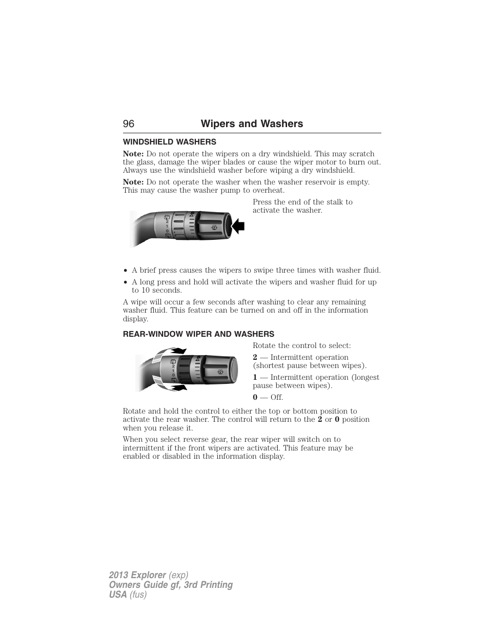 Windshield washers, Rear-window wiper and washers, Rear-window wiper and washer | 96 wipers and washers | FORD 2013 Explorer v.3 User Manual | Page 97 / 579