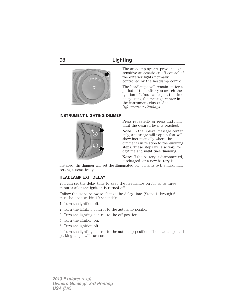 Instrument lighting dimmer, Headlamp exit delay, 98 lighting | FORD 2013 Explorer v.3 User Manual | Page 99 / 579