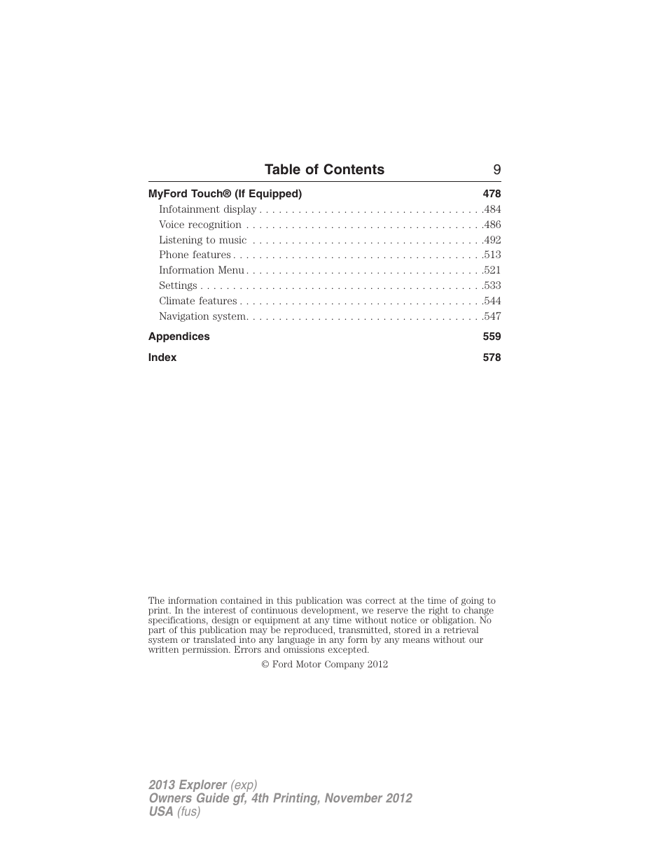 Table of contents 9 | FORD 2013 Explorer v.4 User Manual | Page 10 / 586