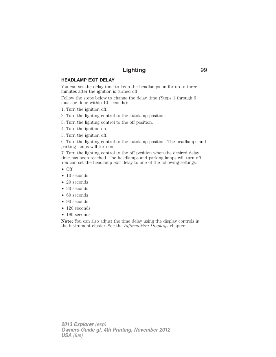 Headlamp exit delay, Lighting 99 | FORD 2013 Explorer v.4 User Manual | Page 100 / 586