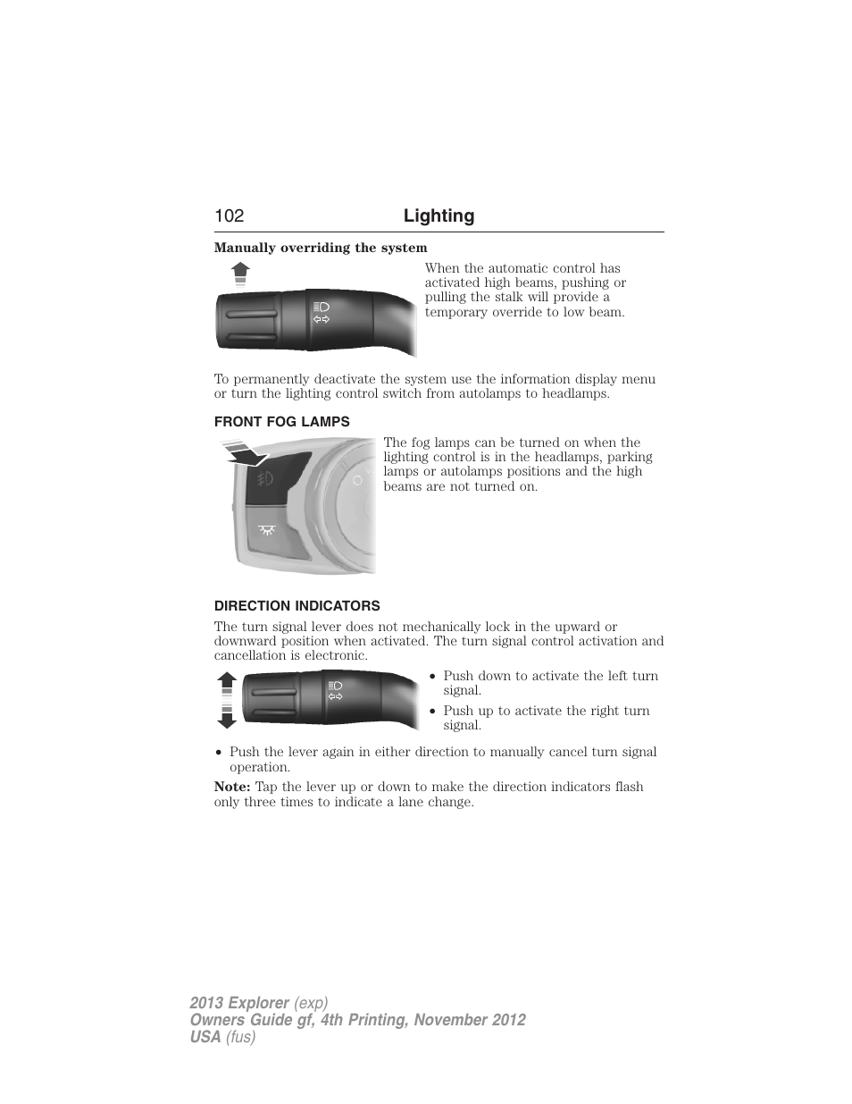 Front fog lamps, Direction indicators, 102 lighting | FORD 2013 Explorer v.4 User Manual | Page 103 / 586