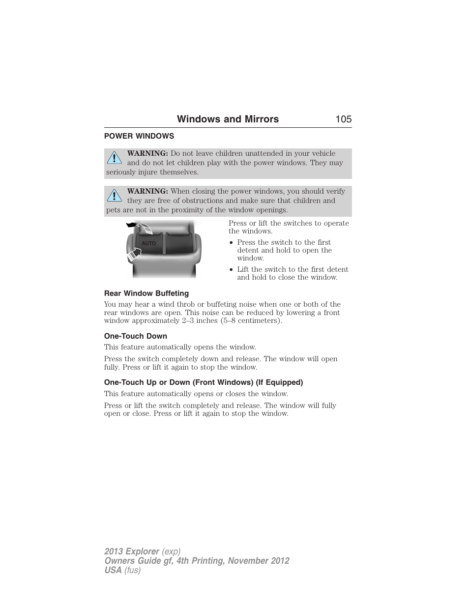 Windows and mirrors, Power windows, Rear window buffeting | One-touch down, One-touch up or down (front windows) (if equipped), Windows and mirrors 105 | FORD 2013 Explorer v.4 User Manual | Page 106 / 586
