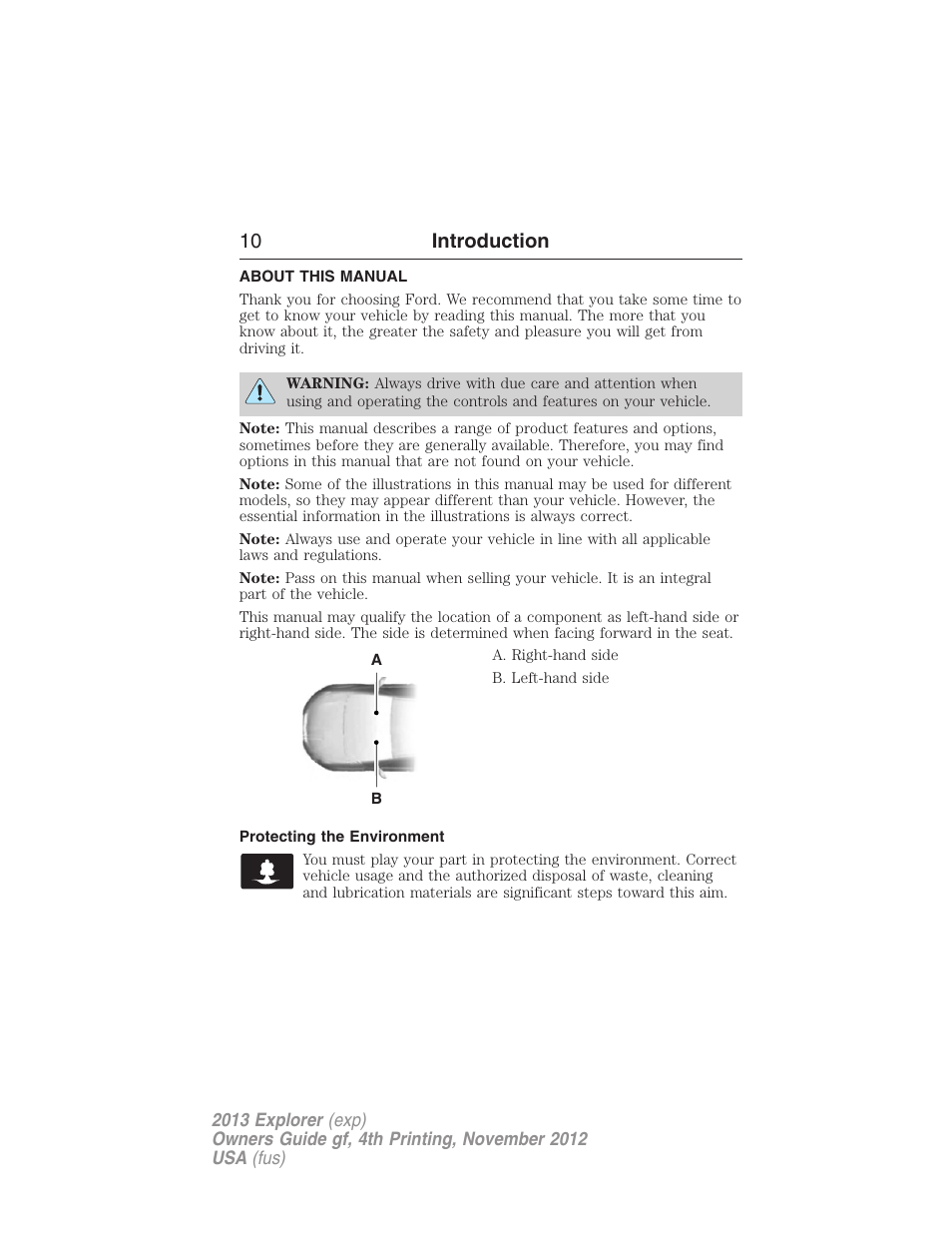 Introduction, About this manual, Protecting the environment | 10 introduction | FORD 2013 Explorer v.4 User Manual | Page 11 / 586