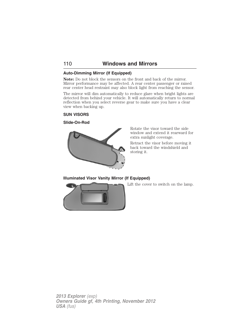 Auto-dimming mirror (if equipped), Sun visors, Slide-on-rod | Illuminated visor vanity mirror (if equipped), 110 windows and mirrors | FORD 2013 Explorer v.4 User Manual | Page 111 / 586