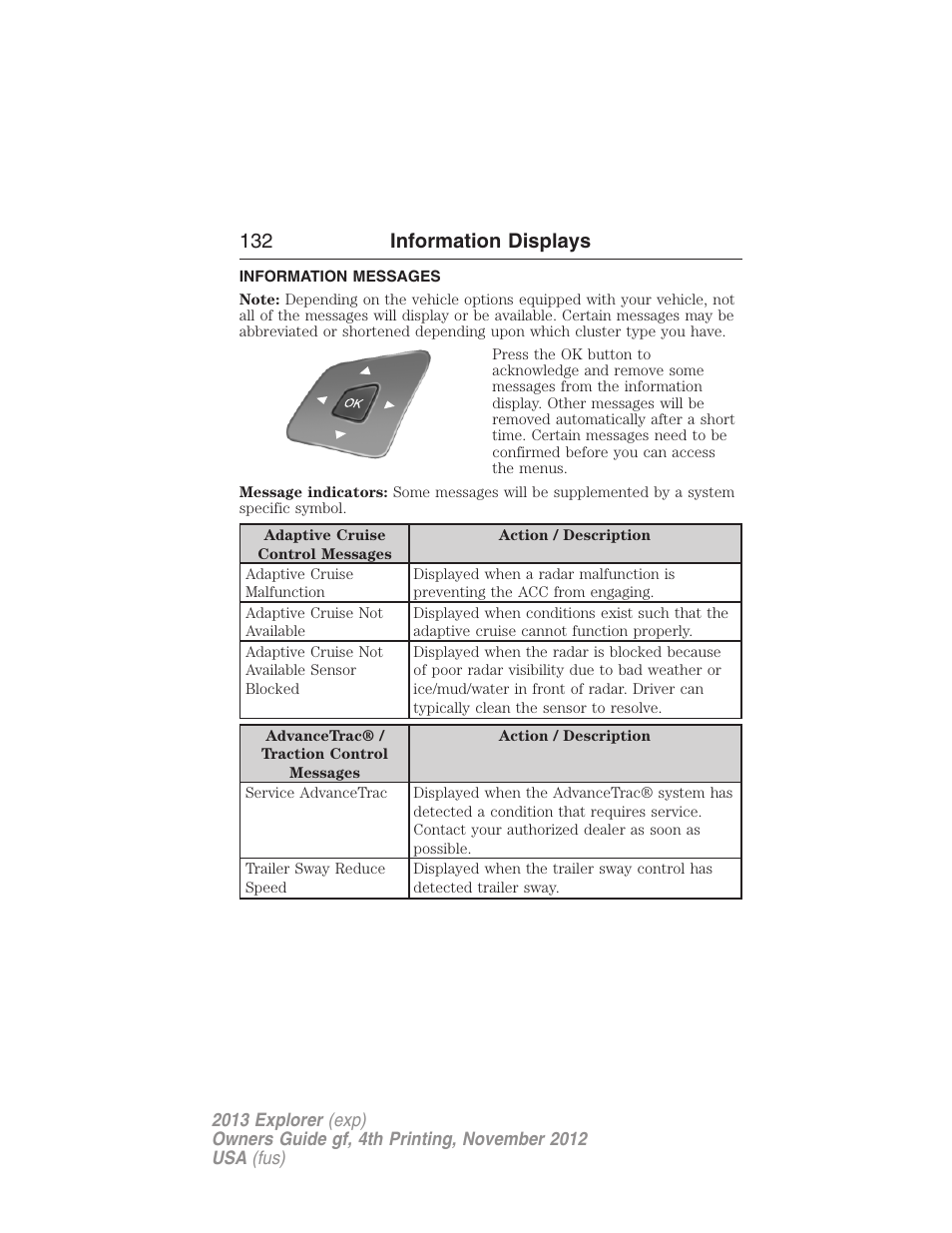 Information messages, 132 information displays | FORD 2013 Explorer v.4 User Manual | Page 133 / 586