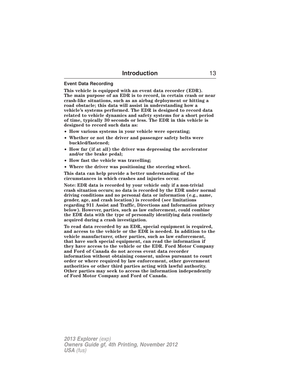 Event data recording, Introduction 13 | FORD 2013 Explorer v.4 User Manual | Page 14 / 586