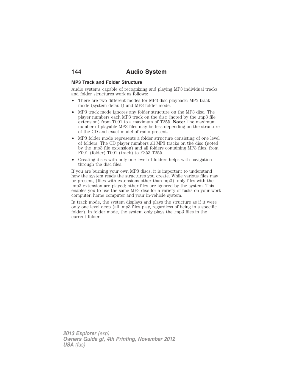 Mp3 track and folder structure, 144 audio system | FORD 2013 Explorer v.4 User Manual | Page 145 / 586