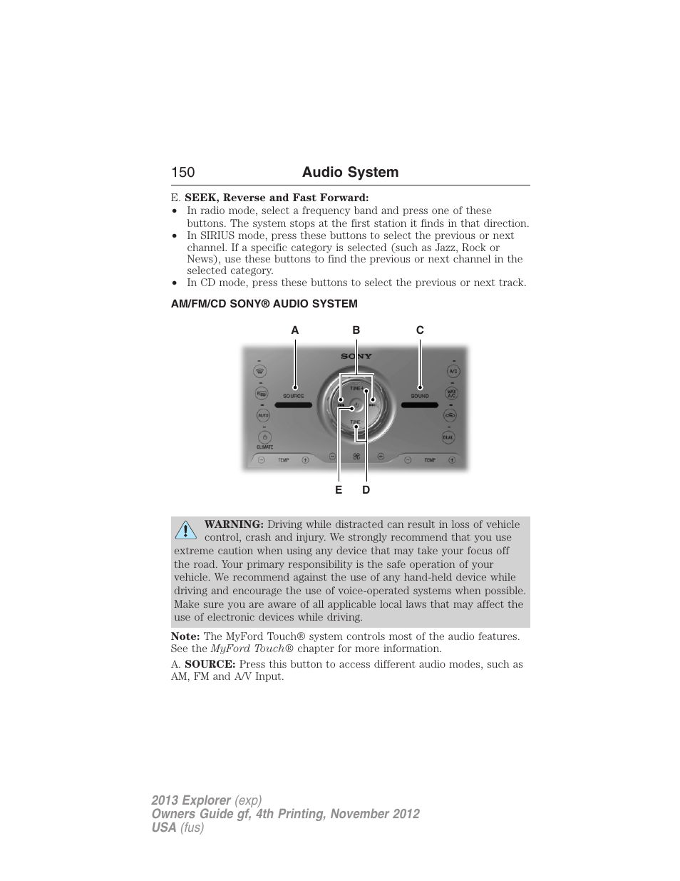 Am/fm/cd sony® audio system, 150 audio system | FORD 2013 Explorer v.4 User Manual | Page 151 / 586