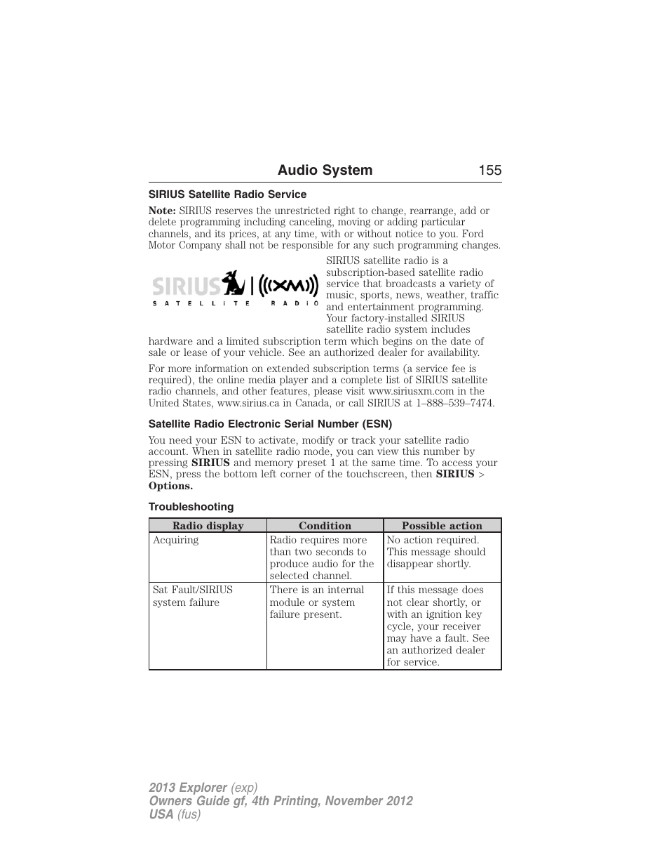 Sirius satellite radio service, Satellite radio electronic serial number (esn), Troubleshooting | Audio system 155 | FORD 2013 Explorer v.4 User Manual | Page 156 / 586