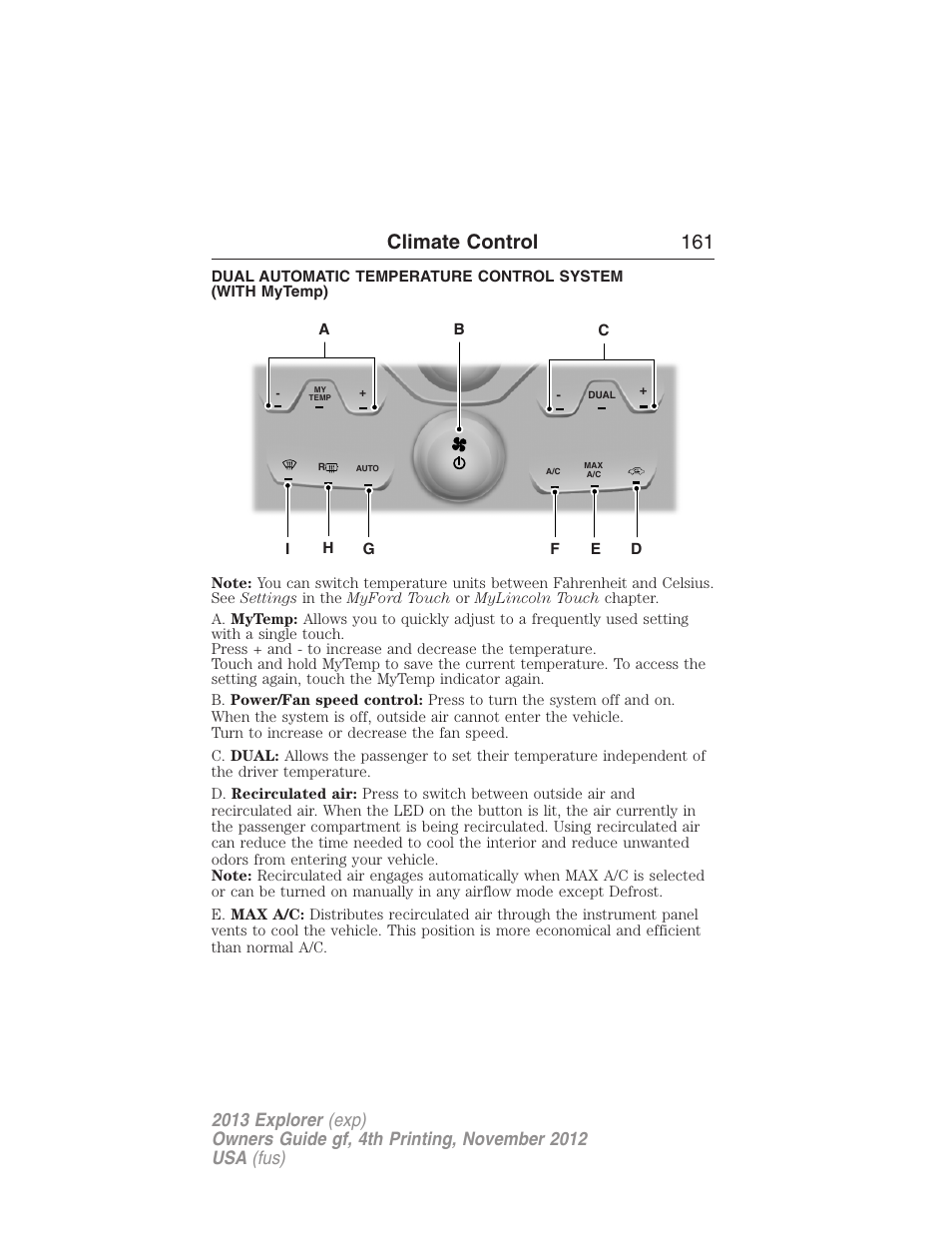 Climate control 161 | FORD 2013 Explorer v.4 User Manual | Page 162 / 586