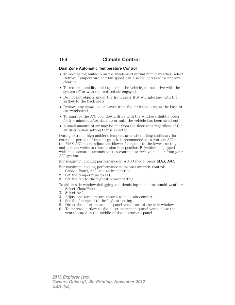 Dual zone automatic temperature control, 164 climate control | FORD 2013 Explorer v.4 User Manual | Page 165 / 586