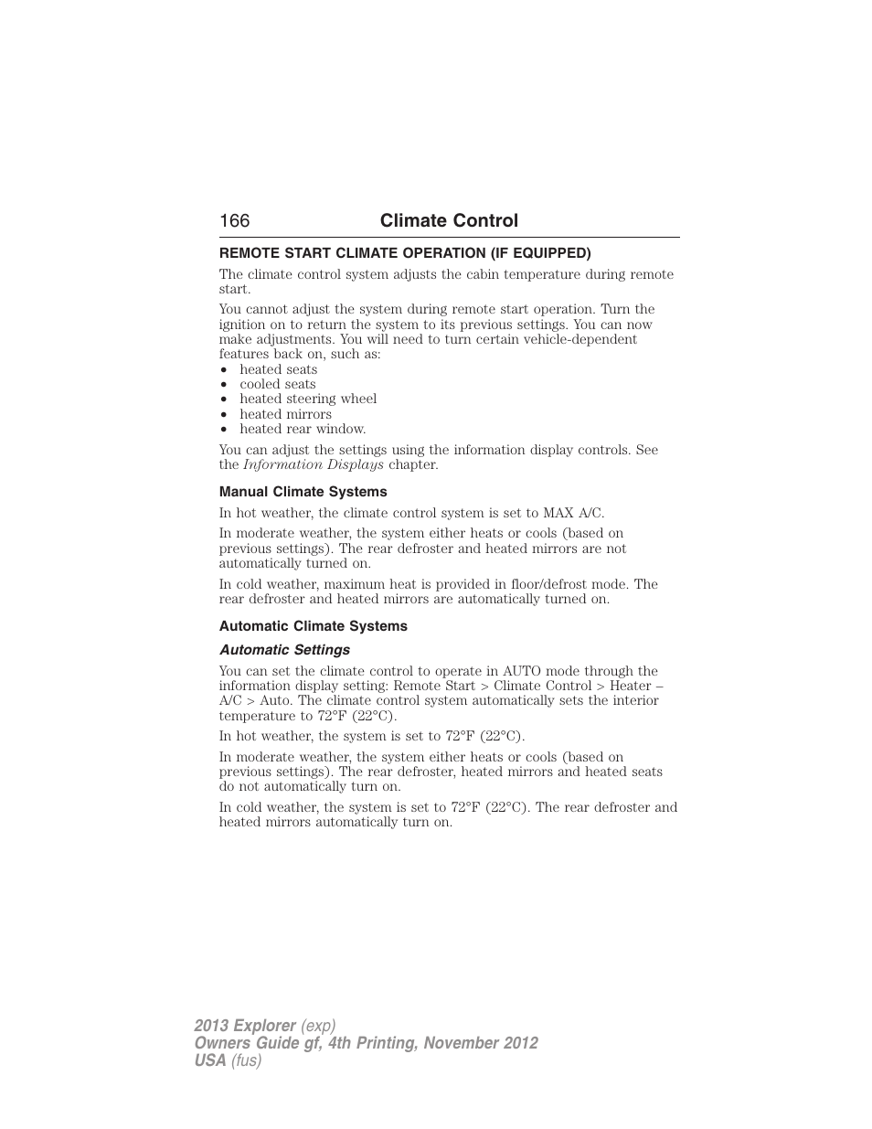 Remote start climate operation (if equipped), Manual climate systems, Automatic climate systems | Automatic settings, 166 climate control | FORD 2013 Explorer v.4 User Manual | Page 167 / 586