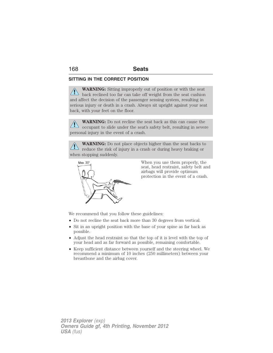 Seats, Sitting in the correct position, 168 seats | FORD 2013 Explorer v.4 User Manual | Page 169 / 586