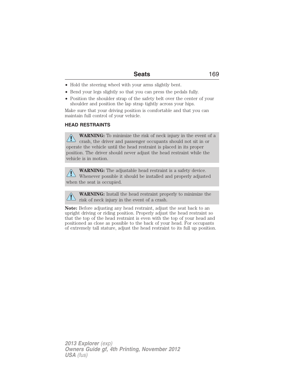 Head restraints, Seats 169 | FORD 2013 Explorer v.4 User Manual | Page 170 / 586