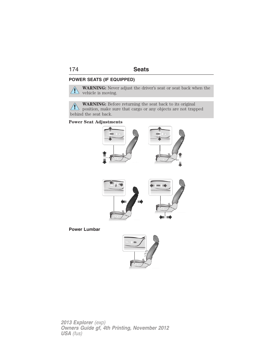 Power seats (if equipped), Power lumbar, Power seats | 174 seats | FORD 2013 Explorer v.4 User Manual | Page 175 / 586