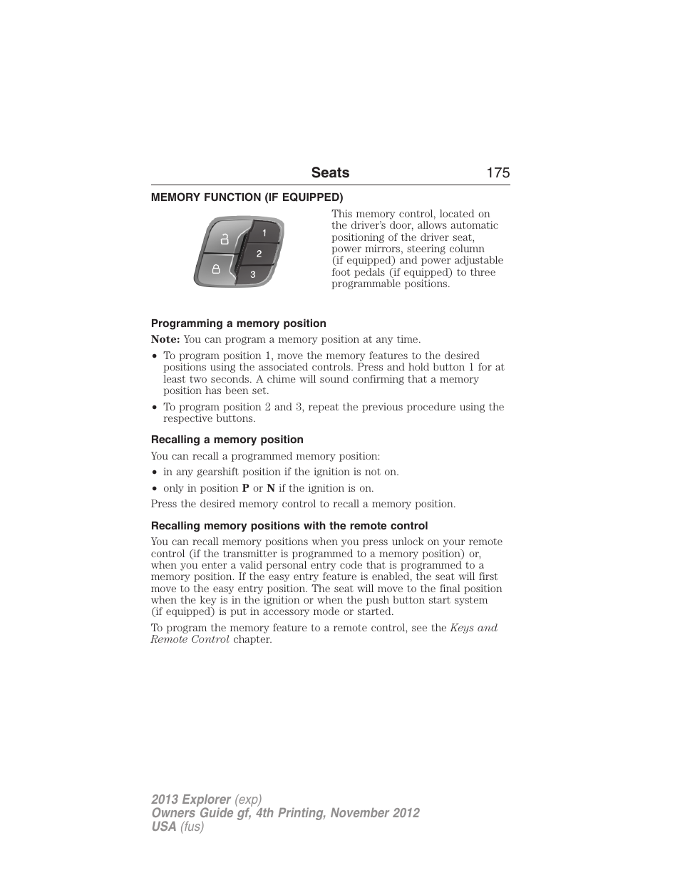 Memory function (if equipped), Programming a memory position, Recalling a memory position | Recalling memory positions with the remote control, Memory function, Seats 175 | FORD 2013 Explorer v.4 User Manual | Page 176 / 586