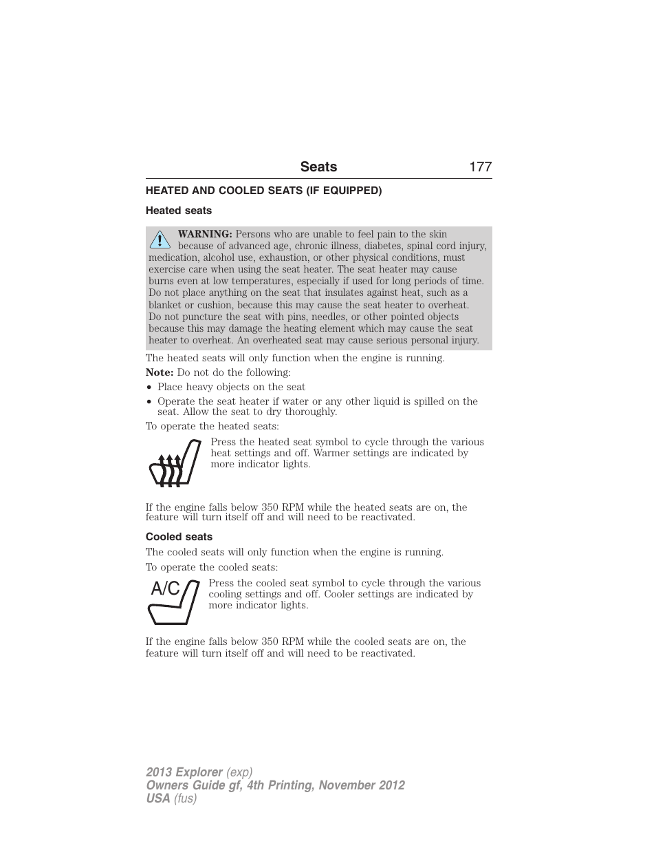 Heated and cooled seats (if equipped), Heated seats, Cooled seats | Heated and cooled seats, Seats 177 | FORD 2013 Explorer v.4 User Manual | Page 178 / 586