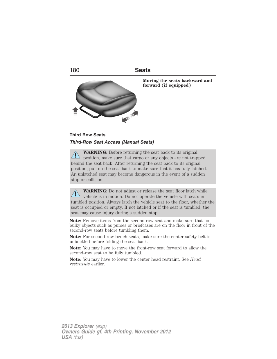 Third row seats, Third-row seat access (manual seats), 180 seats | FORD 2013 Explorer v.4 User Manual | Page 181 / 586