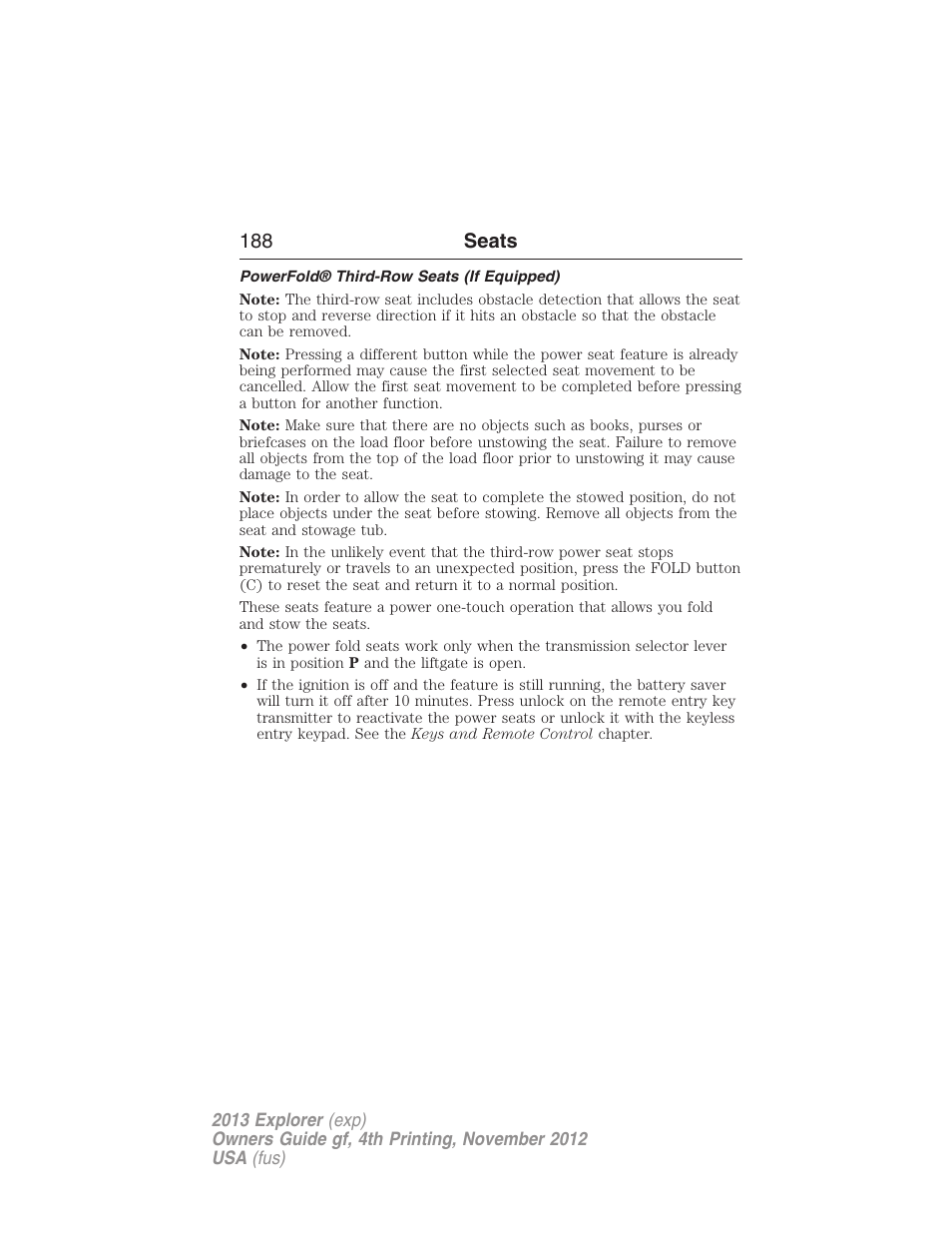 Powerfold® third-row seats (if equipped), 188 seats | FORD 2013 Explorer v.4 User Manual | Page 189 / 586