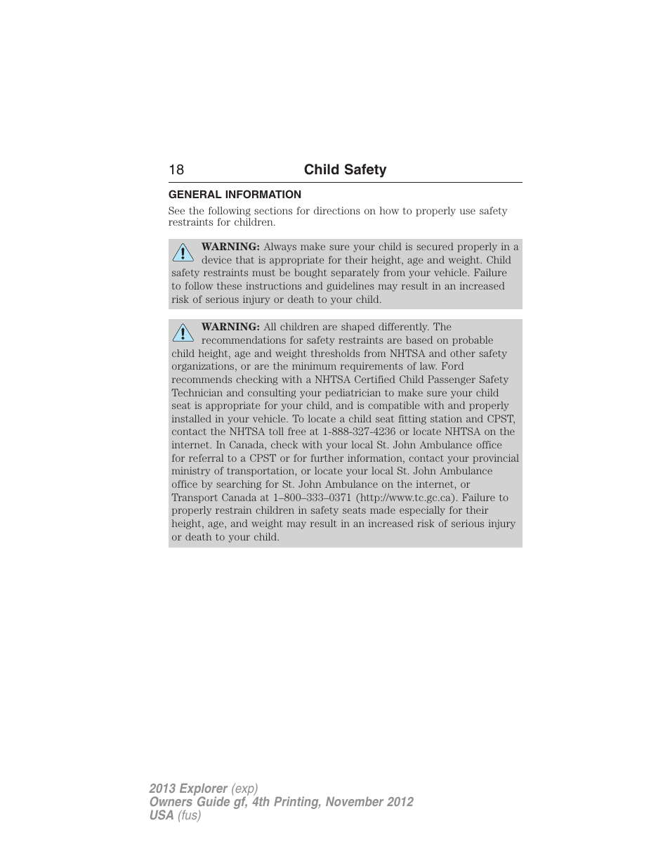 Child safety, General information, 18 child safety | FORD 2013 Explorer v.4 User Manual | Page 19 / 586