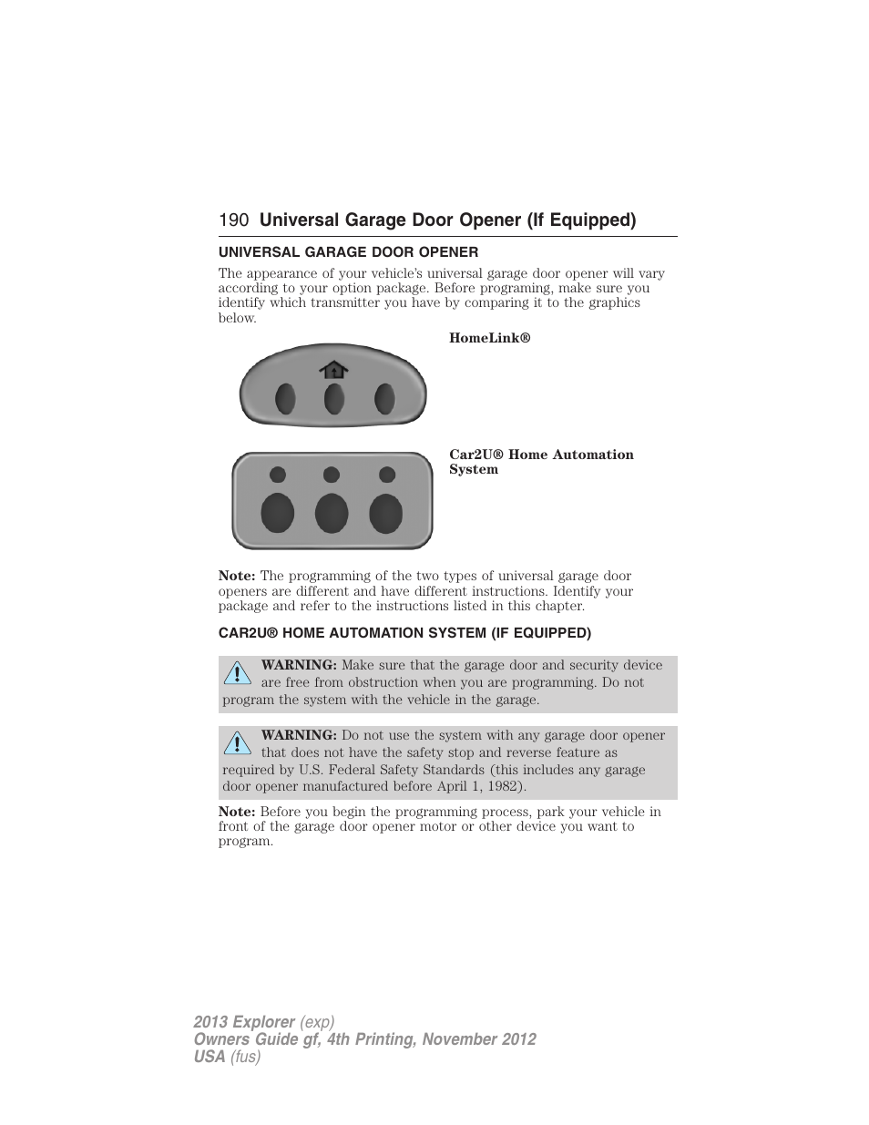 Universal garage door opener (if equipped), Universal garage door opener, Car2u® home automation system (if equipped) | Car2u® home automation system, 190 universal garage door opener (if equipped) | FORD 2013 Explorer v.4 User Manual | Page 191 / 586