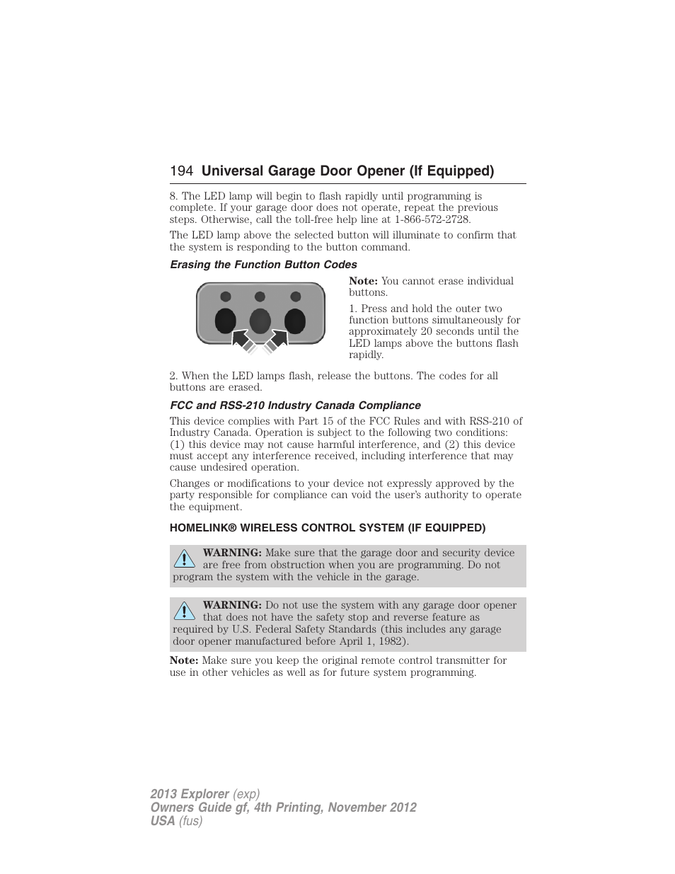 Erasing the function button codes, Fcc and rss-210 industry canada compliance, Homelink® wireless control system (if equipped) | Homelink® wireless control system, 194 universal garage door opener (if equipped) | FORD 2013 Explorer v.4 User Manual | Page 195 / 586