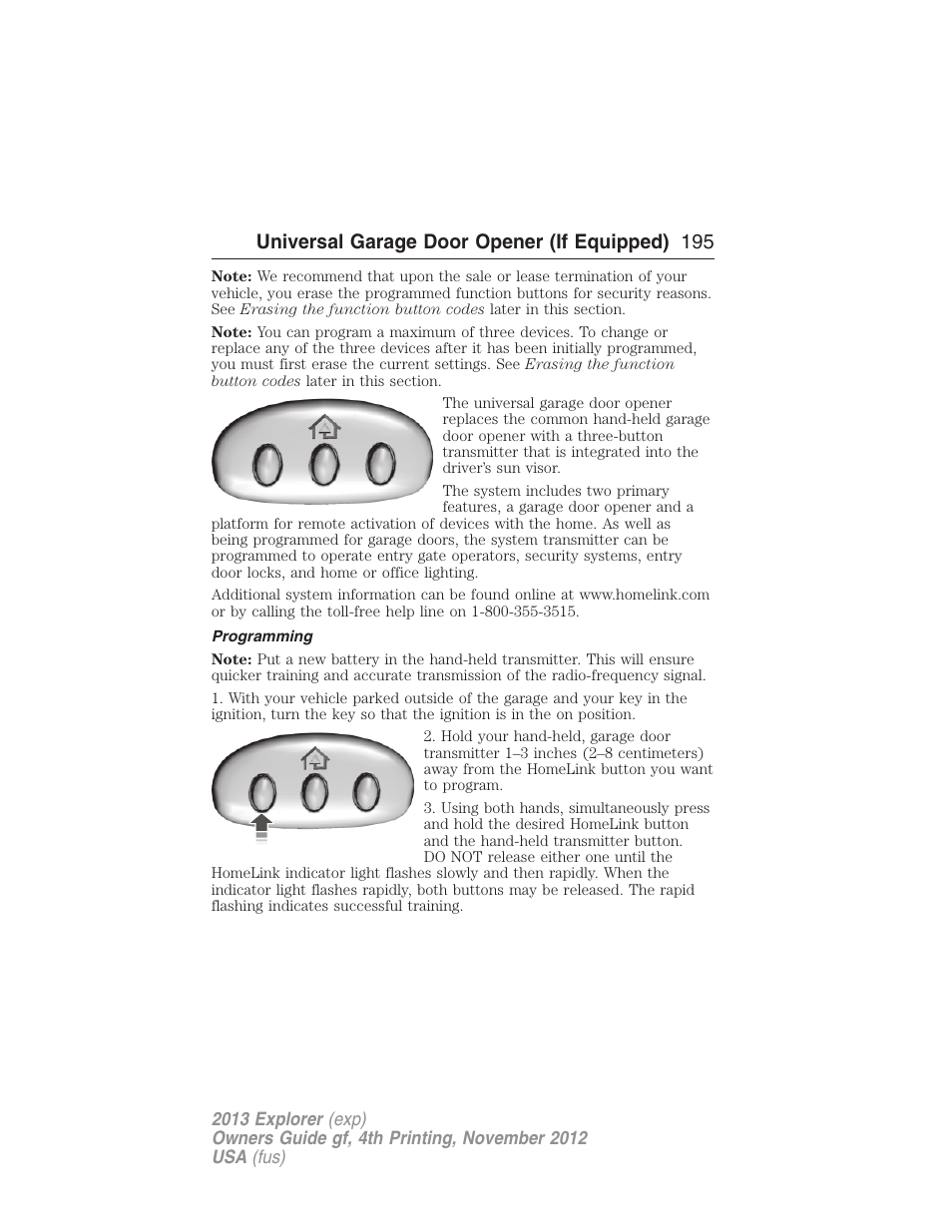 Programming, Universal garage door opener (if equipped) 195 | FORD 2013 Explorer v.4 User Manual | Page 196 / 586