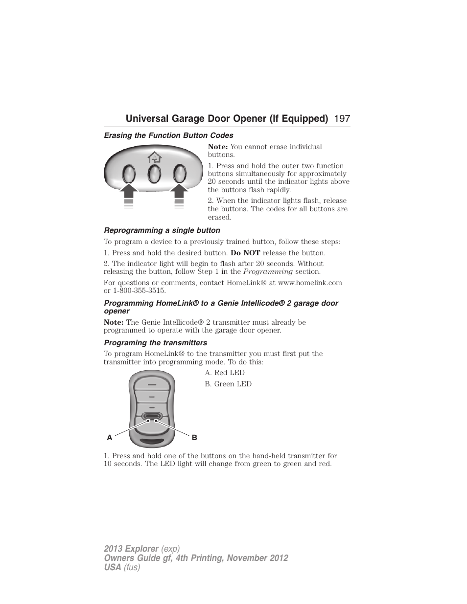Erasing the function button codes, Reprogramming a single button, Programing the transmitters | Universal garage door opener (if equipped) 197 | FORD 2013 Explorer v.4 User Manual | Page 198 / 586