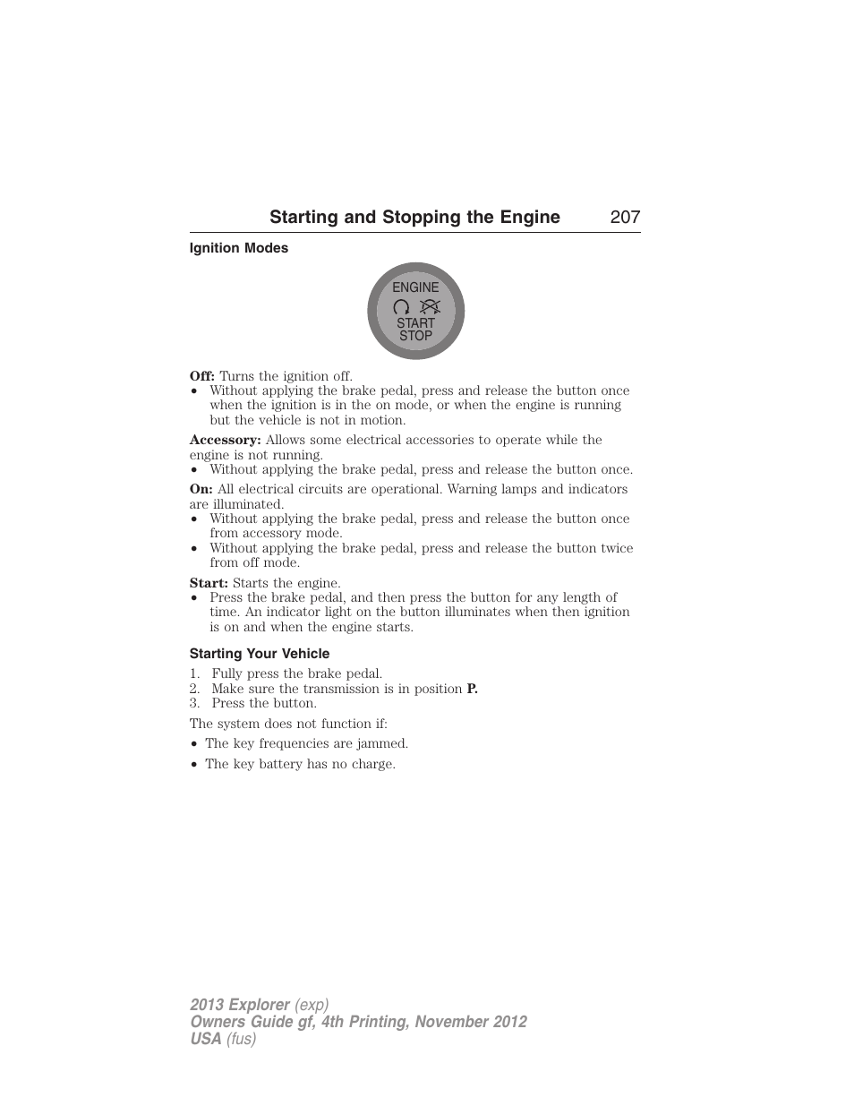 Ignition modes, Starting your vehicle, Starting and stopping the engine 207 | FORD 2013 Explorer v.4 User Manual | Page 208 / 586