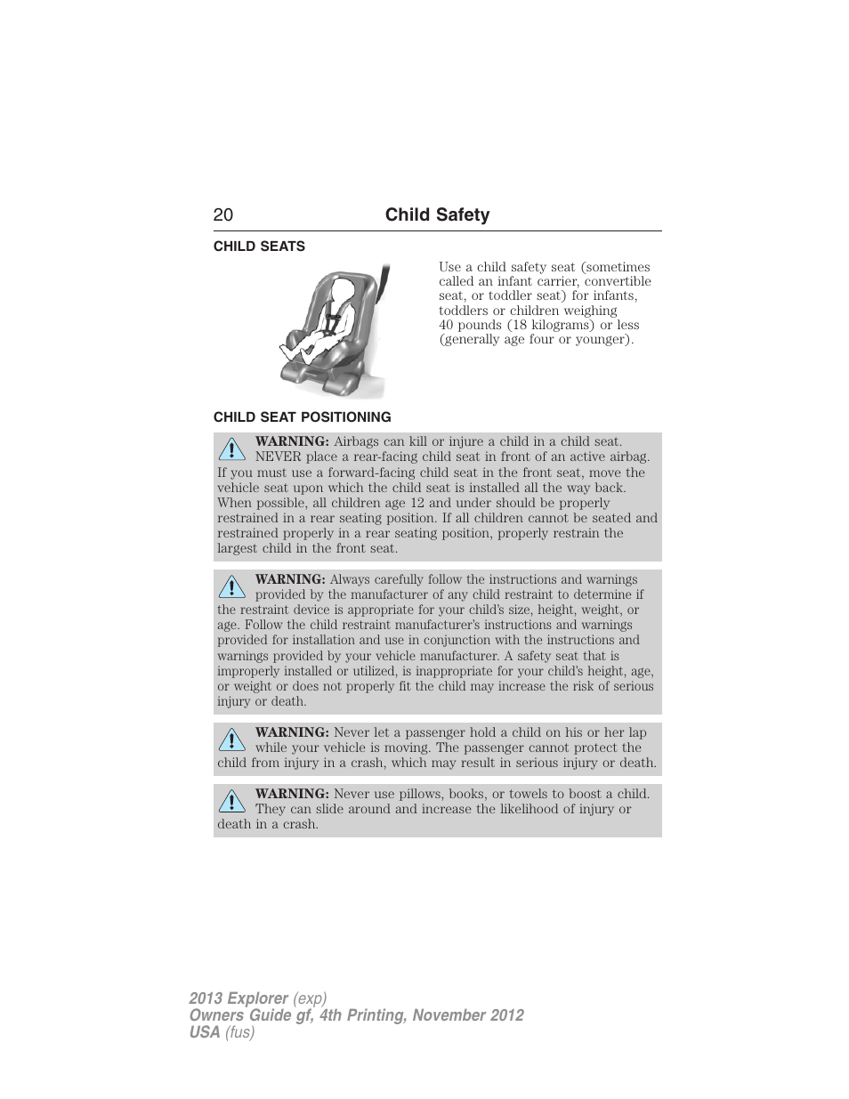 Child seats, Child seat positioning, 20 child safety | FORD 2013 Explorer v.4 User Manual | Page 21 / 586