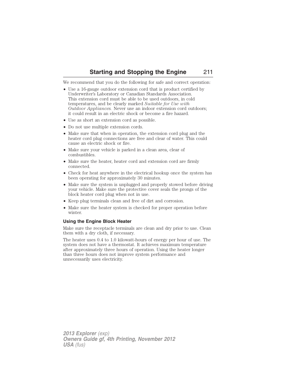 Using the engine block heater, Starting and stopping the engine 211 | FORD 2013 Explorer v.4 User Manual | Page 212 / 586