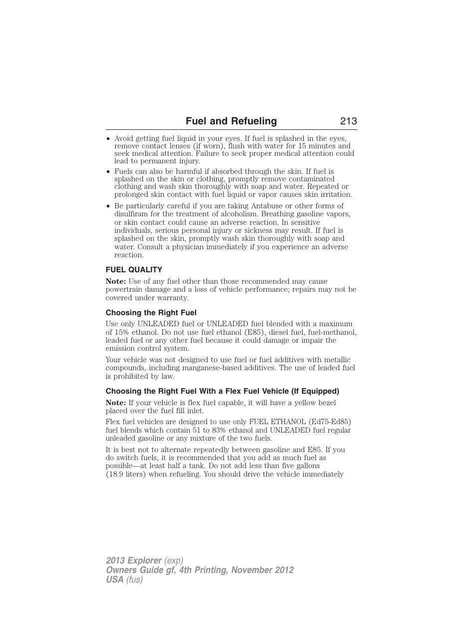 Fuel quality, Choosing the right fuel, Fuel and refueling 213 | FORD 2013 Explorer v.4 User Manual | Page 214 / 586