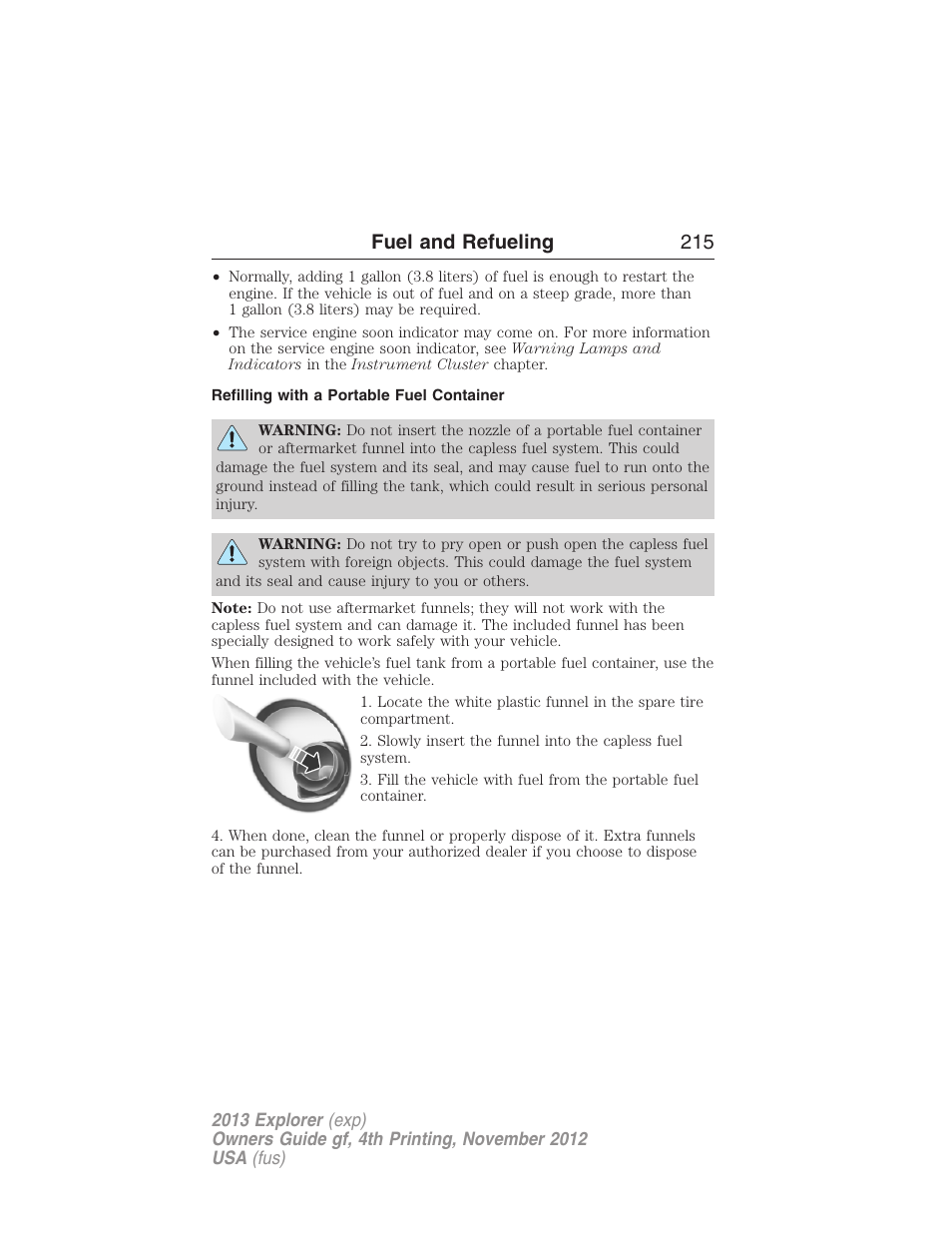 Refilling with a portable fuel container, Fuel and refueling 215 | FORD 2013 Explorer v.4 User Manual | Page 216 / 586