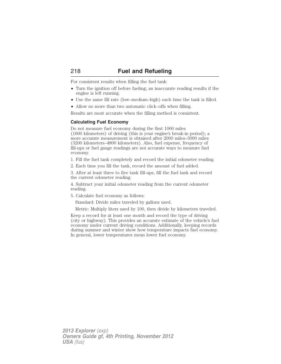 Calculating fuel economy, 218 fuel and refueling | FORD 2013 Explorer v.4 User Manual | Page 219 / 586