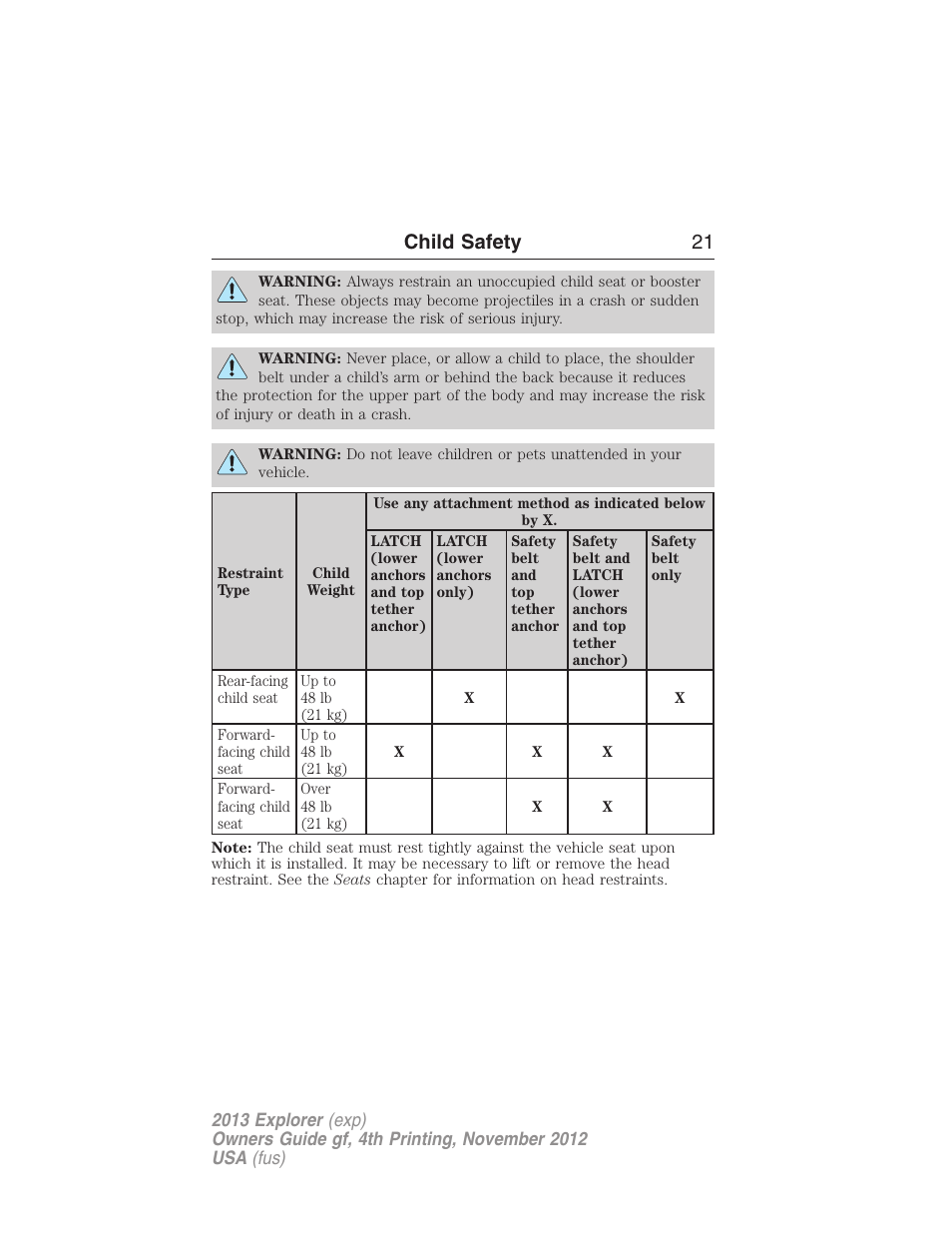 Child safety 21 | FORD 2013 Explorer v.4 User Manual | Page 22 / 586
