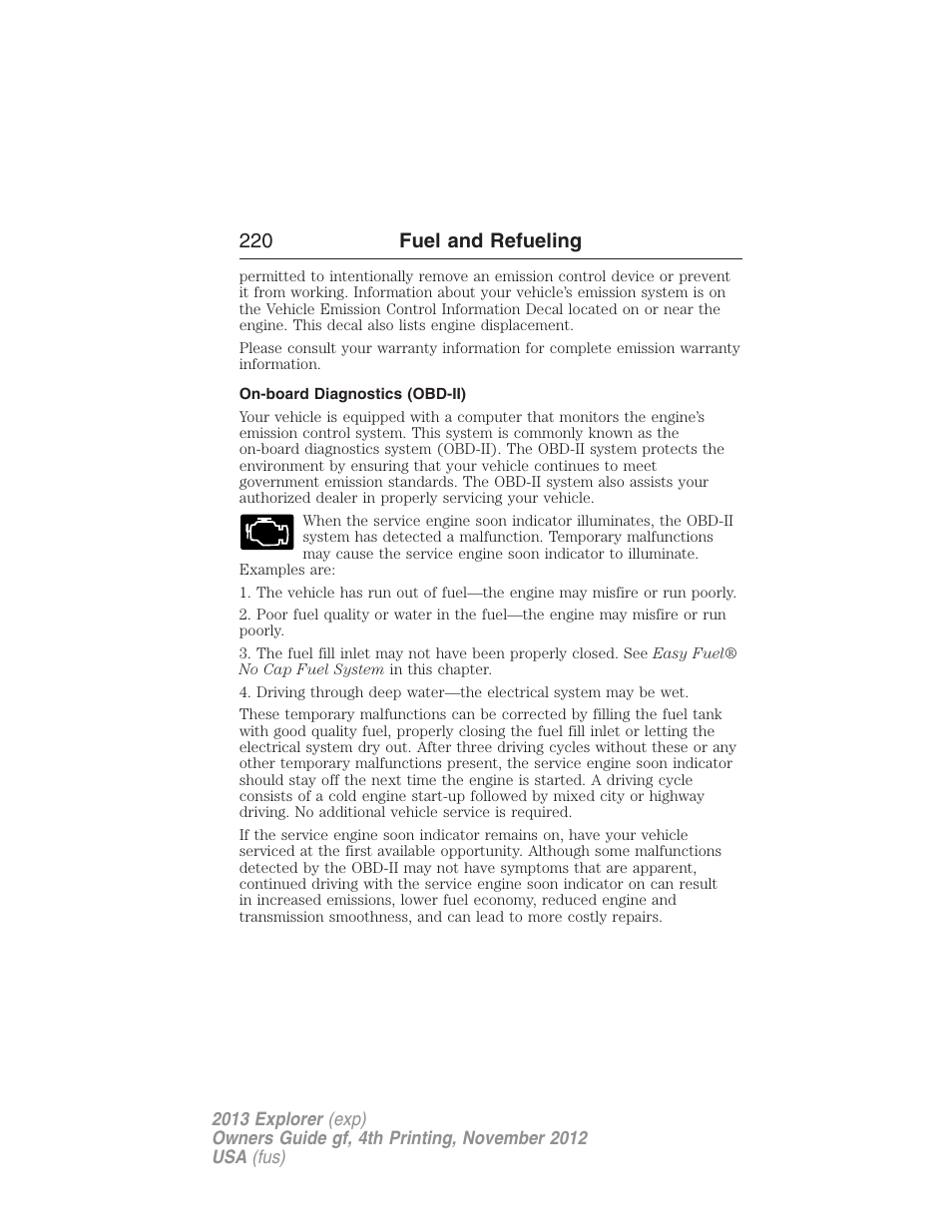 On-board diagnostics (obd-ii), 220 fuel and refueling | FORD 2013 Explorer v.4 User Manual | Page 221 / 586